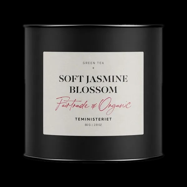 Puszka herbaty Teministeriet Soft Jasmine Blossom o wadze 80g, na białym tle. Organiczna zielona herbata o delikatnym smaku