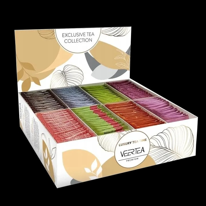 Zestaw ekskluzywnych herbat Veertea w eleganckim, beżowym pudełku z 200 torebkami w różnych smakach i kolorach, idealny do serwowania w biurze lub kawiarni. Produkt dostępny do kupienia w sklepie z kawą.