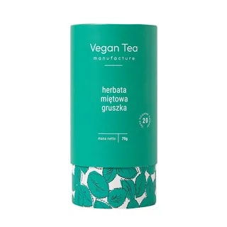 Zielone opakowanie herbaty Vegan Tea z białym napisem: „herbata miętowa gruszka, masa netto 70g, 20 filiżanek naparu”. Dolna część ozdobiona wzorem liści mięty. Delikatna, aromatyczna herbata owocowo-ziołowa.