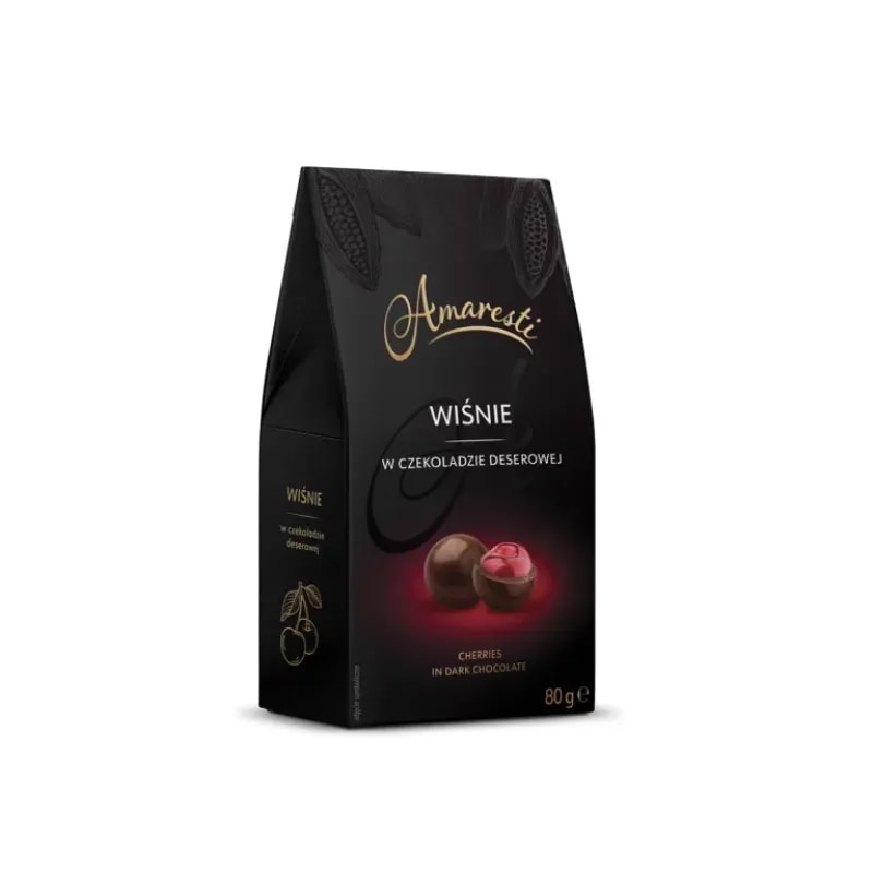 Opakowanie wiśni w czekoladzie deserowej marki Amaresti, zawierające 80g słodkiej przyjemności. Idealny dodatek do filiżanki aromatycznej kawy lub herbaty, który zachwyci każdego miłośnika deserów.