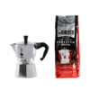 Zestaw Bialetti: srebrna kawiarka Moka Express o pojemności 3 filiżanek oraz kawa mielona Perfetto Moka Classico 250g o intensywności 7.