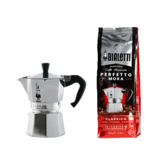 Zestaw Bialetti: srebrna kawiarka Moka Express o pojemności 3 filiżanek oraz kawa mielona Perfetto Moka Classico 250g o intensywności 7.
