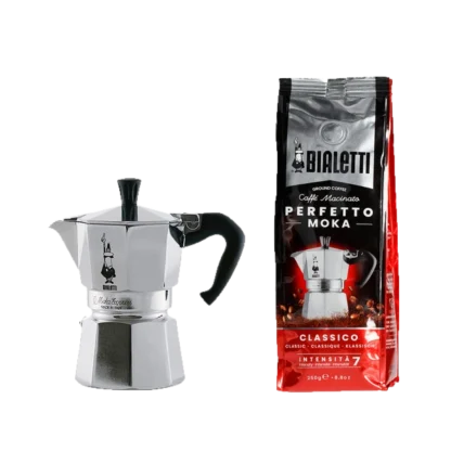 Zestaw Bialetti: srebrna kawiarka Moka Express o pojemności 3 filiżanek oraz kawa mielona Perfetto Moka Classico 250g o intensywności 7.