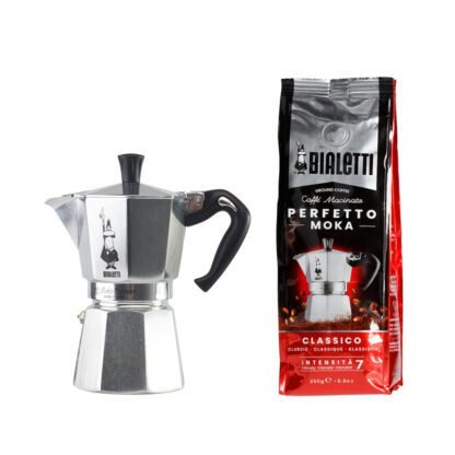 Bialetti Zestaw Moka Express 6tz + kawa Perfetto Moka Classico 250g