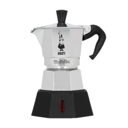 Srebrna kawiarka elektryczna Bialetti New Moka Elettrika, 2 filiżanki, kompaktowy model z czarną podstawą