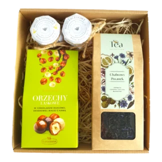 Zestaw prezentowy z produktami spożywczymi: orzechy laskowe w czekoladzie mlecznej, deserowej, białej z kawą, herbata czarna Ceylon Chabrowy Poranek, miód rzepakowy, miód akacjowy