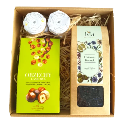 Zestaw prezentowy z produktami spożywczymi: orzechy laskowe w czekoladzie mlecznej, deserowej, białej z kawą, herbata czarna Ceylon Chabrowy Poranek, miód rzepakowy, miód akacjowy