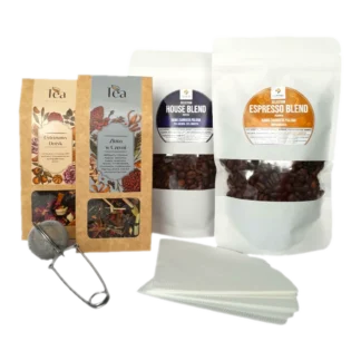 Zestaw prezentowy z produktami spożywczymi: herbata czarna Cytrusowy Dotyk, herbata czarna Złoto w Czerń, kawa ziarnista House Blend, kawa ziarnista Espresso Blend