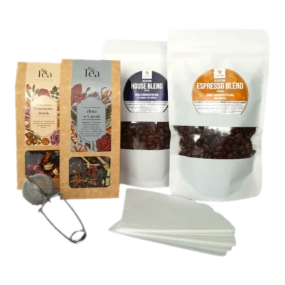 Zestaw prezentowy z produktami spożywczymi: herbata czarna Cytrusowy Dotyk, herbata czarna Złoto w Czerń, kawa ziarnista House Blend, kawa ziarnista Espresso Blend