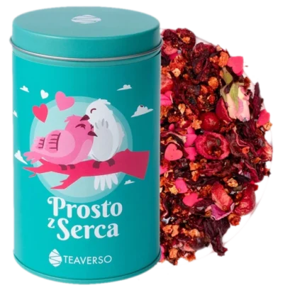 Herbata owocowa w ozdobnej puszce z motywem ptaszków, mieszanka owocowa 'Prosto z Serca' od Teaverso