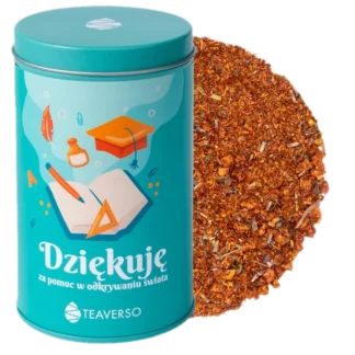 Herbata rooibos w ozdobnej puszce z motywem edukacyjnym, mieszanka 'Dziękuję za pomoc w odkrywaniu świata' od Teaverso