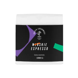 Kawa ziarnista Bracia Ziółkowscy Włoskie Espresso 1kg w eleganckim opakowaniu z fioletowymi i zielonymi akcentami