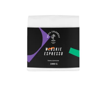 Kawa ziarnista Bracia Ziółkowscy Włoskie Espresso 1kg w eleganckim opakowaniu z fioletowymi i zielonymi akcentami