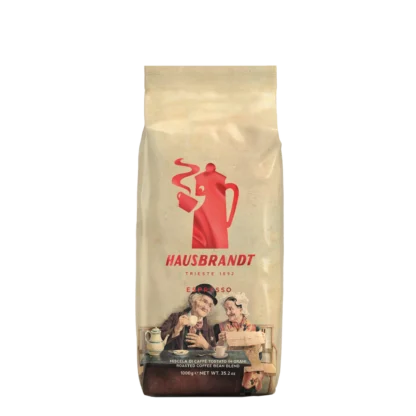 Kawa ziarnista Hausbrandt Espresso 1kg w eleganckim beżowym opakowaniu z czerwoną grafiką i wizerunkiem starszej pary na dole