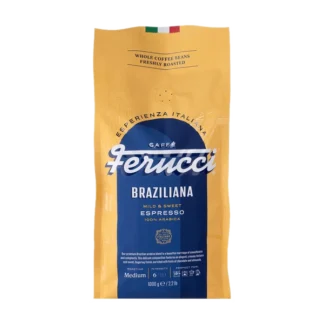 Żółte opakowanie kawy Ferrucci Braziliana, 1000g, z białym napisem 'Espresso' i flagą włoską na górze