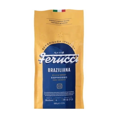 Żółte opakowanie kawy Ferrucci Braziliana, 1000g, z białym napisem 'Espresso' i flagą włoską na górze