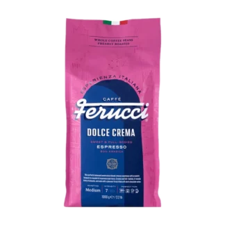 Różowe opakowanie kawy Ferrucci Dolce Crema, 1000g, z białym napisem 'Espresso' i flagą włoską na górze