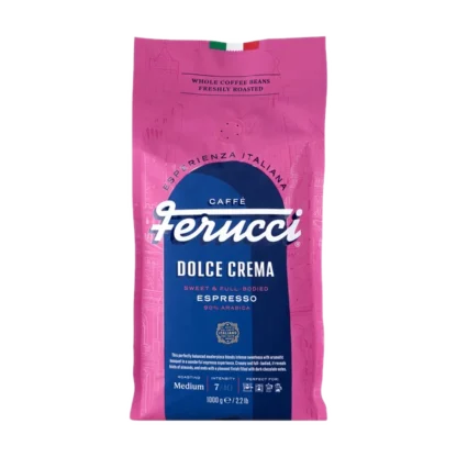 Różowe opakowanie kawy Ferrucci Dolce Crema, 1000g, z białym napisem 'Espresso' i flagą włoską na górze
