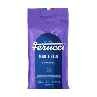Fioletowe opakowanie kawy Ferrucci Monte Belo, 1000g, z białym napisem 'Espresso' i flagą włoską na górze