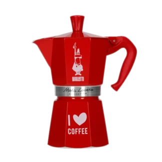 Czerwona kawiarka Bialetti Moka Express Love, 6tz, idealna do przygotowania kawy w stylu włoskim, z napisem 'I ♥ COFFEE