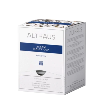 Opakowanie herbaty Althaus Assam Malty Cup, intensywna czarna herbata, zawierające 15 indywidualnie pakowanych saszetek, z eleganckim niebiesko-białym designem, wyprodukowane w Niemczech