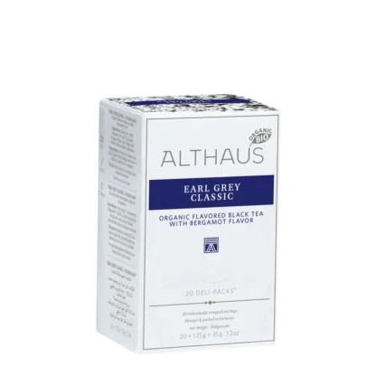 Opakowanie herbaty Althaus Earl Grey Classic, organiczna czarna herbata z dodatkiem aromatu bergamotki, zawierające 20 indywidualnie pakowanych saszetek, z elegancką niebiesko-białą grafiką, wyprodukowane w Niemczech