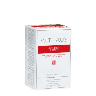 Opakowanie herbaty owocowej Althaus Golden Apple, z aromatem jabłka, zawierające 20 indywidualnie pakowanych saszetek, z eleganckim czerwono-białym designem, wyprodukowane w Niemczech