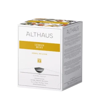 Opakowanie herbaty ziołowej Althaus Lemon Mint, orzeźwiająca infuzja z miętą i cytryną, zawierające 15 indywidualnie pakowanych saszetek, z eleganckim żółto-białym designem, wyprodukowane w Niemczech
