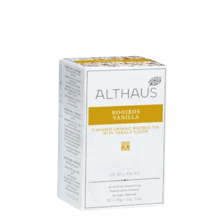 Opakowanie herbaty Althaus Rooibos Vanilla, organiczna rooibos z aromatem wanilii, zawierające 20 indywidualnie pakowanych saszetek, z eleganckim żółto-białym designem, wyprodukowane w Niemczech