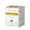 Opakowanie herbaty rooibos Althaus Rooibos Vanilla Toffee, aromatyzowana infuzja ziołowa z wanilią i toffi, zawierające 15 indywidualnie pakowanych saszetek, z eleganckim żółto-białym designem, wyprodukowane w Niemczech