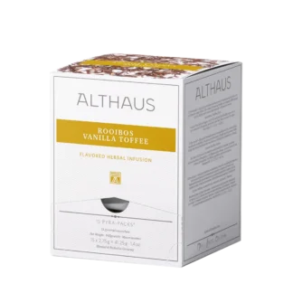 Opakowanie herbaty rooibos Althaus Rooibos Vanilla Toffee, aromatyzowana infuzja ziołowa z wanilią i toffi, zawierające 15 indywidualnie pakowanych saszetek, z eleganckim żółto-białym designem, wyprodukowane w Niemczech