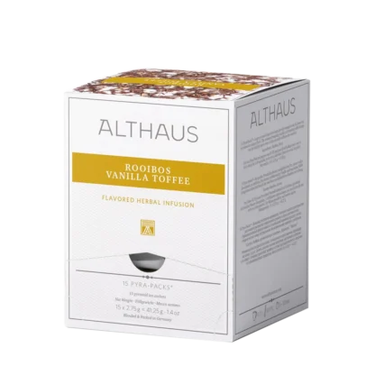 Opakowanie herbaty rooibos Althaus Rooibos Vanilla Toffee, aromatyzowana infuzja ziołowa z wanilią i toffi, zawierające 15 indywidualnie pakowanych saszetek, z eleganckim żółto-białym designem, wyprodukowane w Niemczech