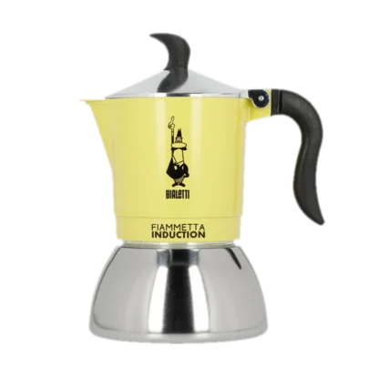 Kawiarka Bialetti Fiametta Induction 4tz w kolorze żółtym. Kawiarka posiada czarny uchwyt, srebrny dolny pojemnik oraz logo Bialetti z postacią wskazującą palcem do góry. Dolna część jest przystosowana do używania na płytach indukcyjnych.