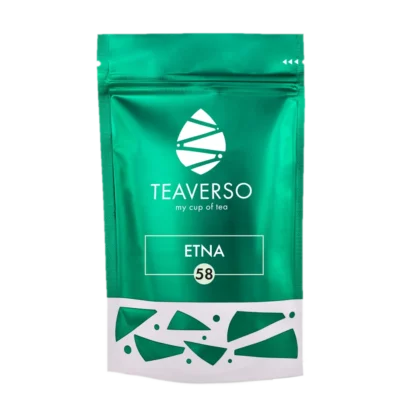 Opakowanie herbaty Teaverso Etna w zielonym woreczku z logo Teaverso i napisem 'my cup of tea'.