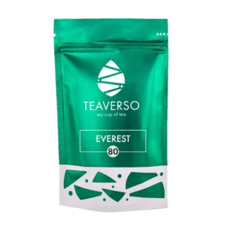 Opakowanie herbaty Teaverso Everest w zielonym woreczku z logo Teaverso i napisem 'my cup of tea'.