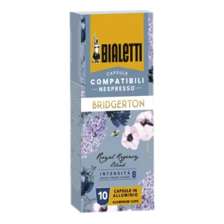 Opakowanie kapsułek kawy Bialetti Bridgerton Royal Regency Blend, kompatybilnych z Nespresso, intensywność 8, zawierające 10 aluminiowych kapsułek, ozdobione kwiatowym wzorem w stylu regencyjnym