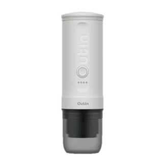 Przenośny ekspres do kawy Outin Nano Espresso Maker w kolorze białym, na białym tle. Kompaktowy i lekki design, idealny do przygotowywania espresso w podróży, wyposażony w łatwy w obsłudze mechanizm oraz wytrzymałą konstrukcję