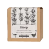 Opakowanie herbaty Teministeriet Ayurveda Sleep Organic o wadze 50g, na białym tle. Ziołowa mieszanka zawierająca melisę i lawendę, zapakowana w ekologiczne kartonowe opakowanie z minimalistycznym wzorem roślin