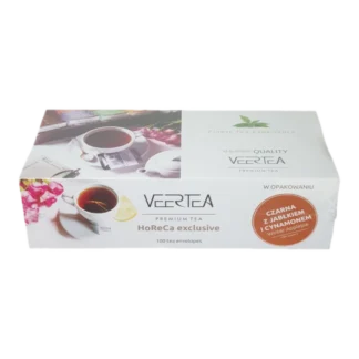 Opakowanie herbaty Veertea Czarna z Jabłkiem i Cynamonem, zawierające 100 kopert herbaty, na białym tle. Premium tea HoReCa exclusive, idealna na zimowe wieczory, z widocznym napisem 'Winter Applepie' na etykiecie oraz zdjęciem filiżanki z herbatą, cytryną i kwiatami