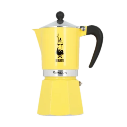 Kawiarka Bialetti Rainbow w żółtym kolorze o pojemności 6 tz, idealna do przygotowania sześciu filiżanek espresso. Elegancki design z czarnym uchwytem zapewnia komfort użytkowania i stylowy wygląd.