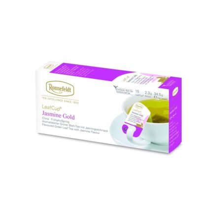 Opakowanie herbaty Ronnefeldt LeafCup Jasmin Gold. Zawiera 15 saszetek herbaty liściastej o smaku Jasmin Gold. Widoczna filiżanka z zaparzoną herbatą i torebką Ronnefeldt. Na opakowaniu znajduje się logo marki, oraz informacje o gramaturze: 2,3g x 15 sztuk (34,5g netto).