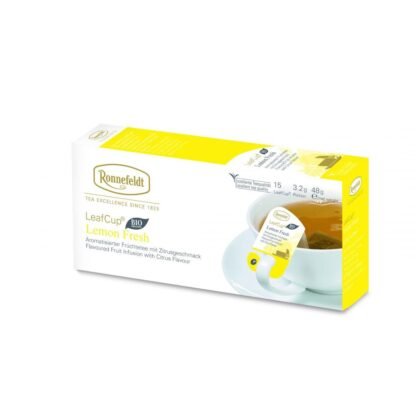 Opakowanie herbaty Ronnefeldt LeafCup Lemon Fresh. Zawiera 15 saszetek herbaty liściastej o smaku Lemon Fresh. Widoczna filiżanka z zaparzoną herbatą i torebką Ronnefeldt. Na opakowaniu znajduje się logo marki, napis 'BIO', oraz informacje o gramaturze: 3,2g x 15 sztuk (48g netto).
