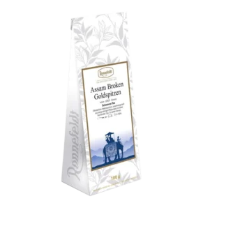 Opakowanie herbaty czarnej Ronnefeldt Assam Broken Goldspitzen, 100g. Herbata z regionu Assam w Indiach, charakteryzująca się pełnym i intensywnym smakiem oraz złocistymi liśćmi.
