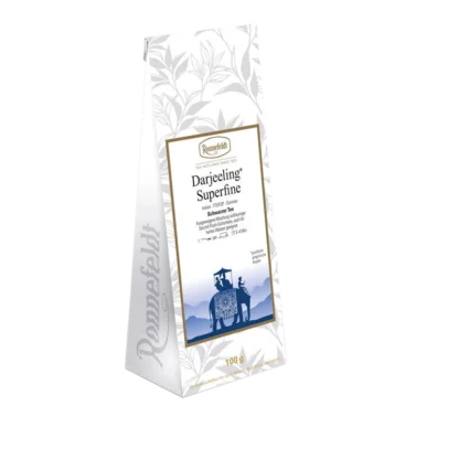 Opakowanie herbaty czarnej Ronnefeldt Darjeeling Superfine, 100g, o subtelnym i wyrafinowanym smaku. Herbata liściasta z wyżyn indyjskich, doskonała na każdą okazję.