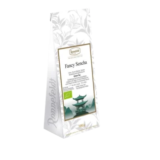 Opakowanie herbaty zielonej Ronnefeldt Fancy Sencha, 100g, pochodzącej z chińskiej prowincji Zhejiang. Wyjątkowo delikatny smak i świeżość klasycznej herbaty sencha, certyfikowanej jako ekologiczna.