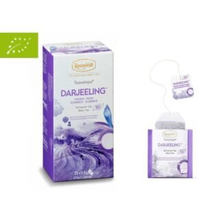 Ekologiczna herbata Ronnefeldt Teavelope Darjeeling BIO w opakowaniu zawierającym 25 saszetek herbaty czarnej Darjeeling. Widoczne opakowanie herbaty o pojemności 25 x 1,5g (37,5g netto) oraz pojedyncza saszetka z tagiem Darjeeling. Na opakowaniu znajduje się logo Ronnefeldt, oznaczenie ekologiczne BIO oraz informacje o pochodzeniu herbaty z Indii.