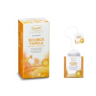 Opakowanie herbaty Ronnefeldt Teavelope Rooibos Vanilla, zawierające 25 saszetek herbaty rooibos z dodatkiem wanilii, każda o wadze 1,5 g (37,5 g netto). Obok znajduje się pojedyncza saszetka z tagiem 'Rooibos Vanilla'. Opakowanie jest w odcieniach pomarańczowego i żółtego z ilustracjami krajobrazu Afryki i wanilii oraz logo Ronnefeldt.