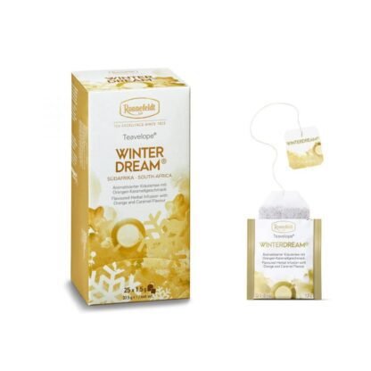 Opakowanie herbaty Ronnefeldt Teavelope Winter Dream, zawierające 25 saszetek herbaty ziołowej o smaku pomarańczy i karmelu, każda o wadze 1,5 g (37,5 g netto). Obok widoczna jest pojedyncza saszetka z tagiem 'Winter Dream'. Opakowanie jest w odcieniach złotego i białego z ilustracjami płatków śniegu i pomarańczy oraz logo Ronnefeldt.