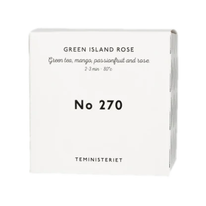 Opakowanie herbaty Teministeriet No 270 Green Island Rose, zawierającej zieloną herbatę z dodatkiem mango, marakui i róży. Idealna do zaparzania w temperaturze 80°C przez 2–3 minuty. Pudełko w eleganckim, minimalistycznym stylu, białe z czarnymi napisami, charakterystyczne dla marki Teministeriet.