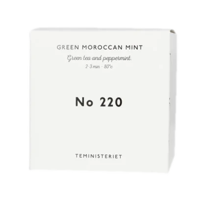 Opakowanie herbaty Teministeriet No 220 Green Moroccan Mint, zawierającej zieloną herbatę z miętą pieprzową. Idealna do zaparzania w temperaturze 80°C przez 2–3 minuty. Pudełko w minimalistycznym stylu, białe z czarnymi napisami, typowe dla marki Teministeriet.